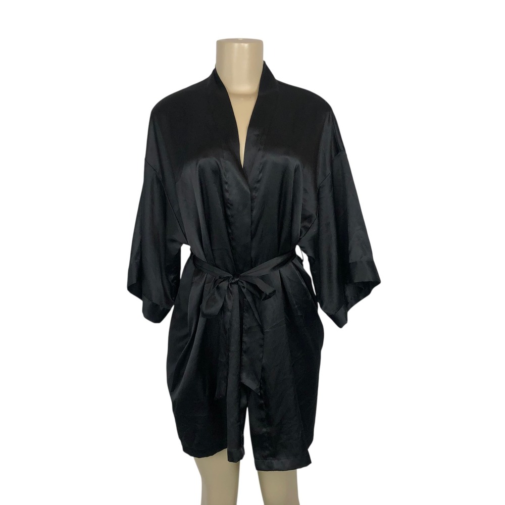 Victorias Secret Black Satin Kimono Robe Lingerie Small/Medium Belted Y2K Gothic